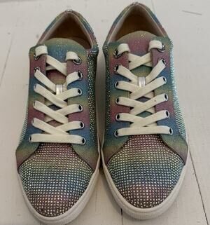 Badgley Mischka Rainbow Rhinestone Crystal Metallic Fun Lace Up Sneakers Sz 9.5